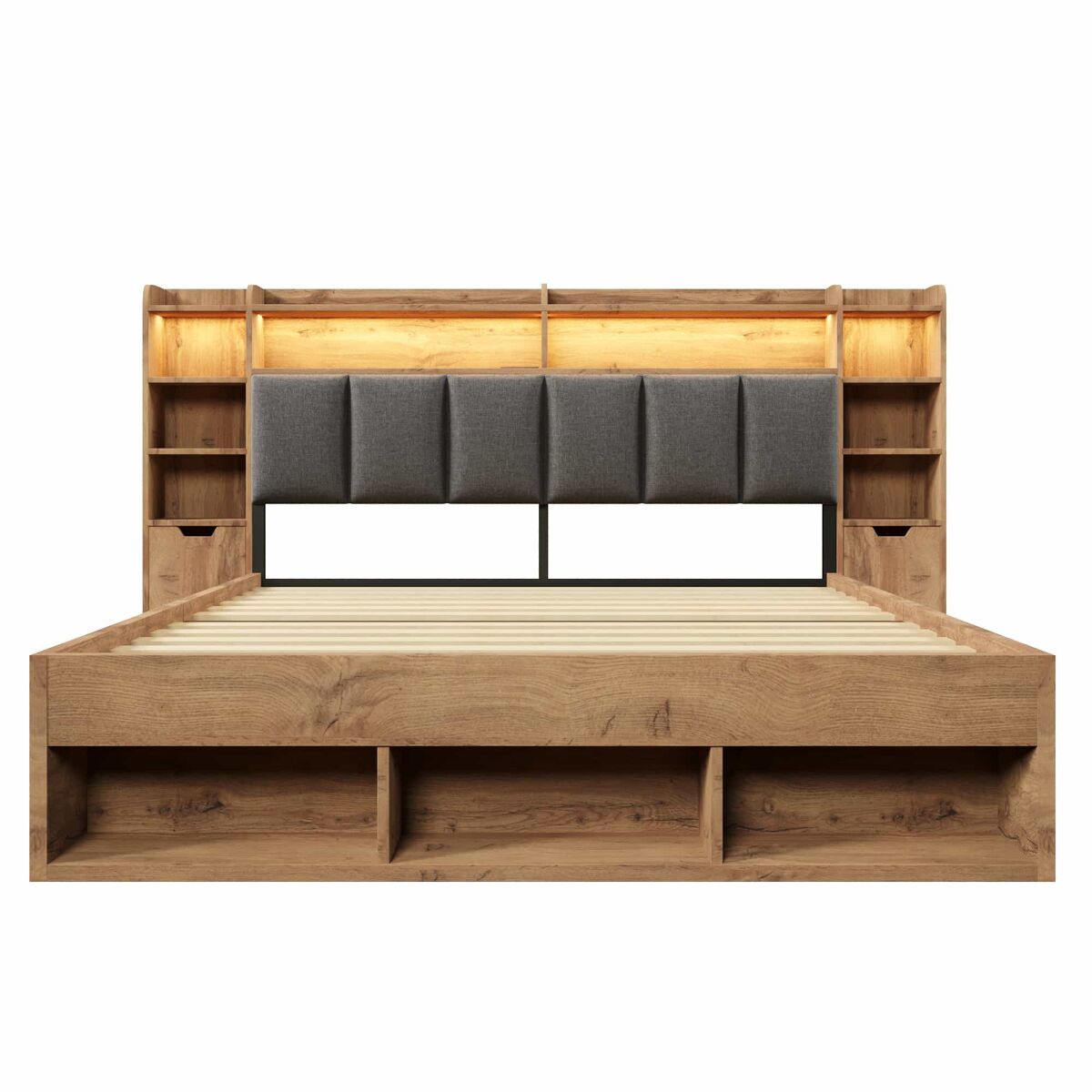 Cama de casal com dimensões 180x200 cm - cabeceira estofada com iluminação led, mesas de cabeceira com portas usb e type-c, arrumação com gavetas,
