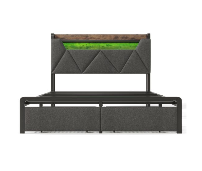 Cama de casal 160x200cm - cabeceira com compartimento de armazenamento com carregador usb tipo c, iluminação led e gavetas - cinza