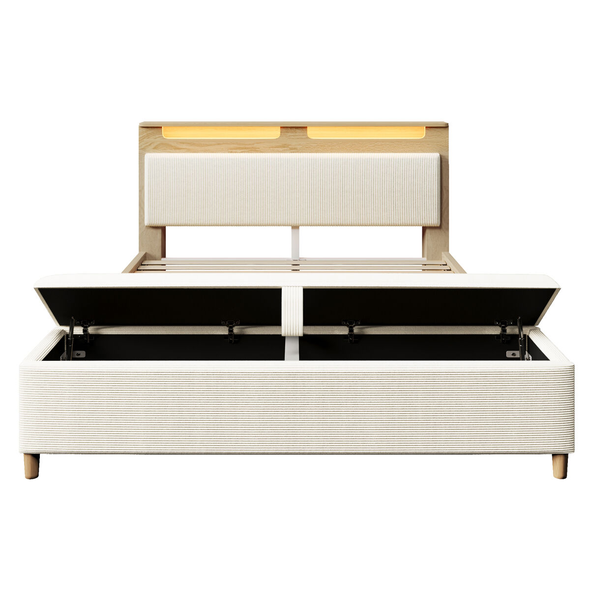 Cama de casal 140x200 cm - cabeceira com arrumação, iluminação led, encosto com cordão bege, com banco de arrumação - carvalho claro