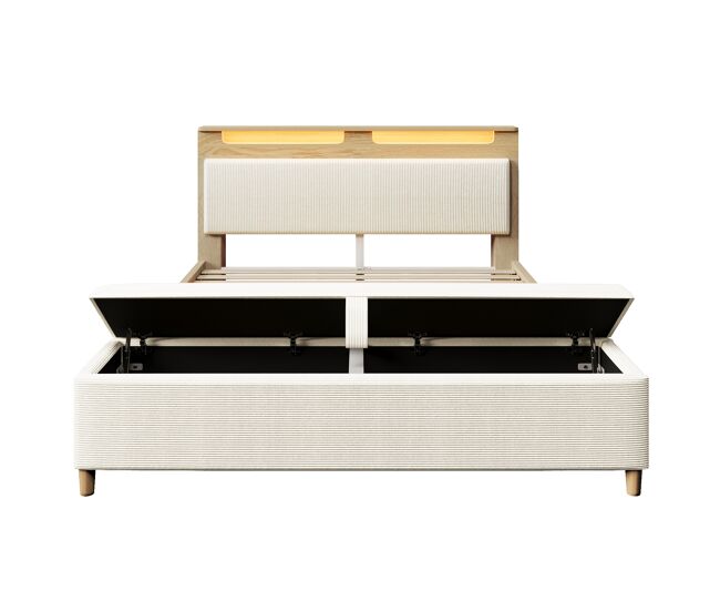 Cama de casal 140x200 cm - cabeceira com arrumação, iluminação led, encosto com cordão bege, com banco de arrumação - carvalho claro