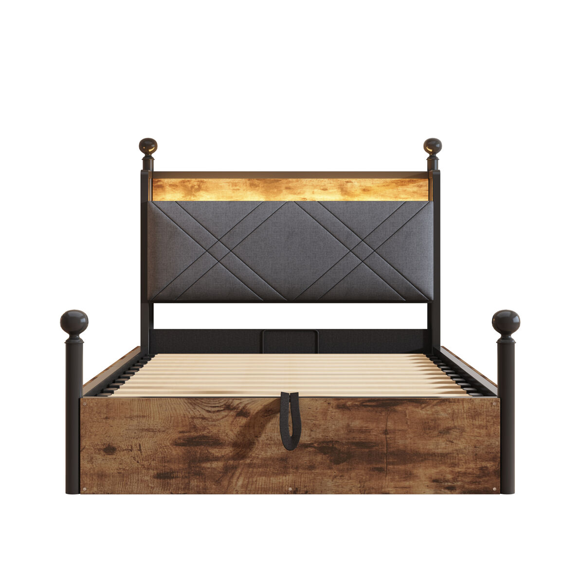Cama individual multifuncional 90x190 - com armazenamento hidráulico, dossel em ferro forjado, led e portas usb/tipo-c - preta