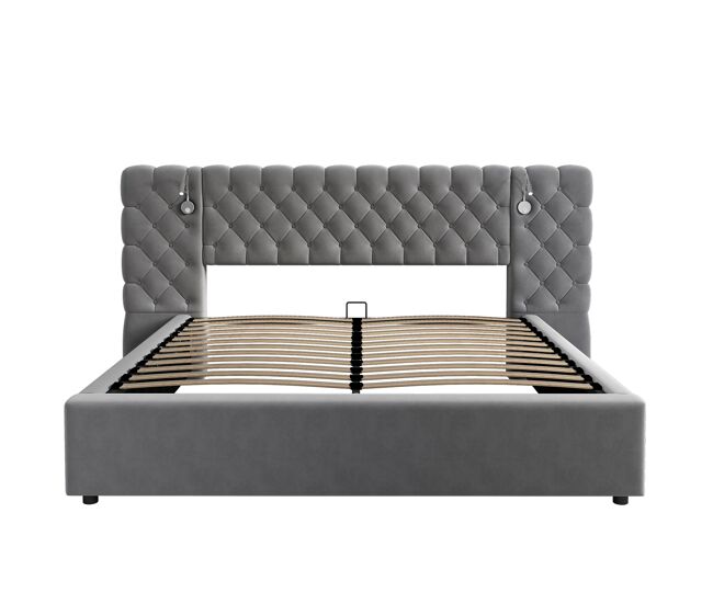 Cama estofada 160x200 cm - cama hidráulica com arrumação, led, cabeceira larga, veludo, cinzento