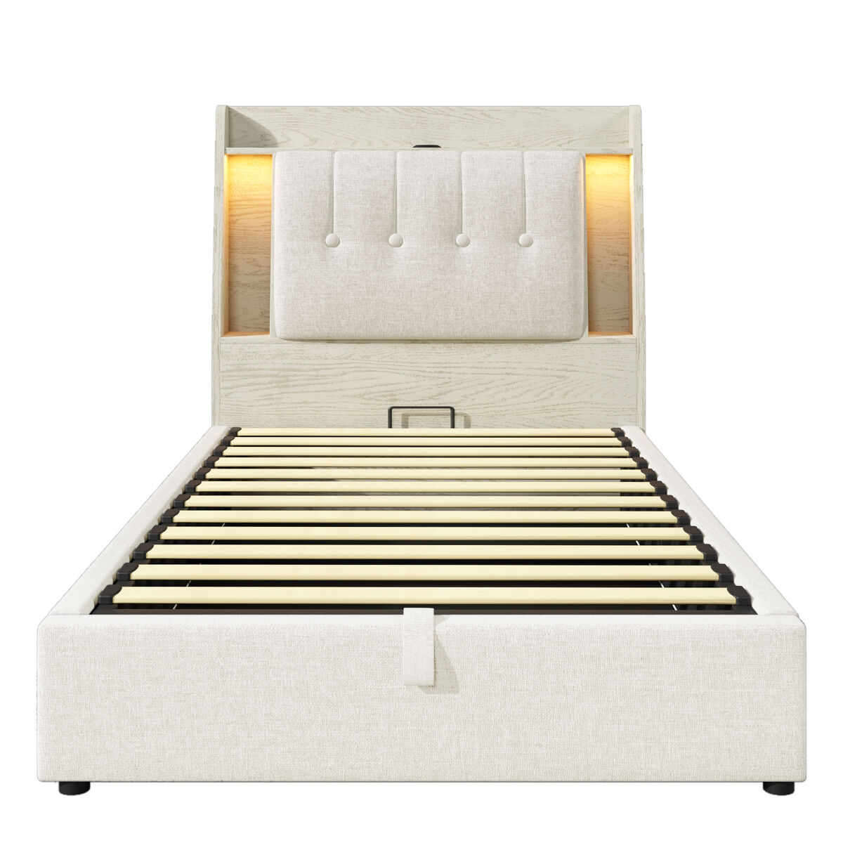 Cama estofada 90x200 cm - com carregamento usb tipo c, armazenamento multifuncional, led, bege