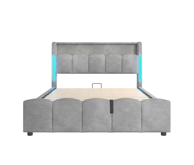 Cama estofada 140x200 cm - sem colchão, iluminação led, cabeceira com arrumação, usb e tipo-c, cinzenta