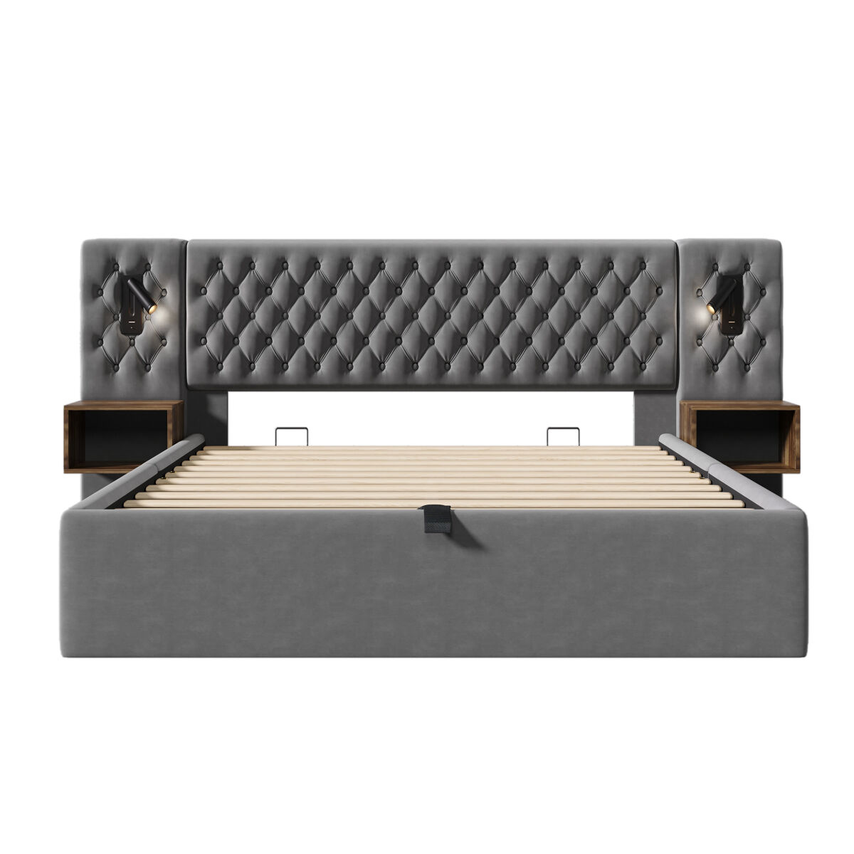 Cama polsterbett 160x200 - cama hidráulica com arrumação, 2 mesas de cabeceira, luz led, cinzenta