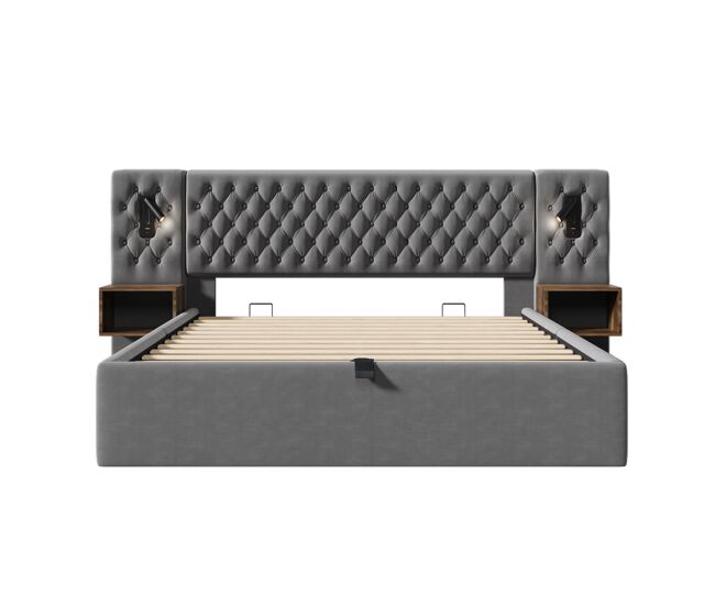 Cama polsterbett 160x200 - cama hidráulica com arrumação, 2 mesas de cabeceira, luz led, cinzenta