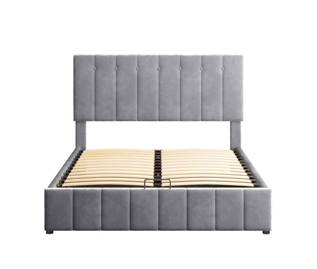 Cama estofada 140x200 - cama de casal com arrumação hidráulica, cabeceira ajustável, estrado metálico, veludo cinzento