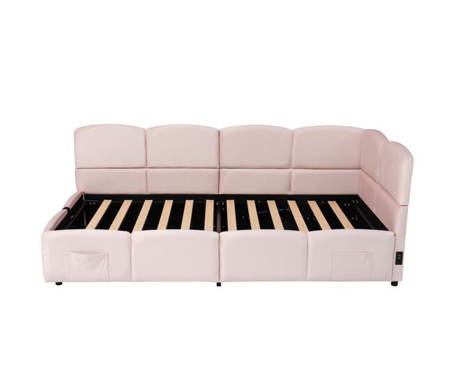 Cama estofada 90x200 cm - com estrado de ripas, usb, arrumação, rosa