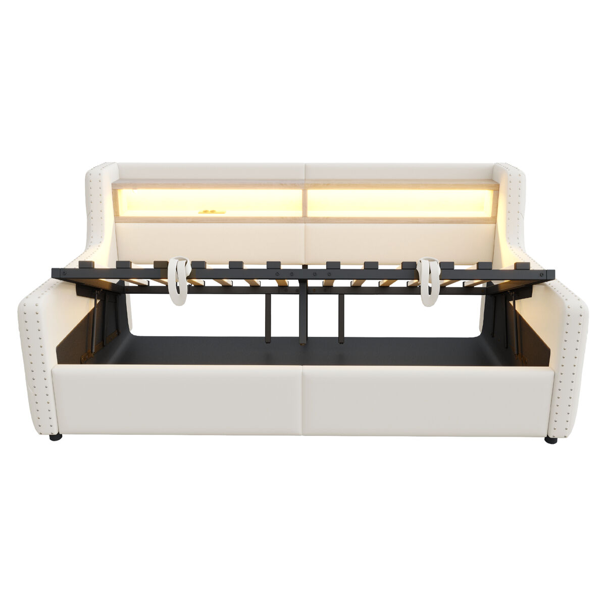 Sofá-cama 90x200 cm - com armazenamento hidráulico, led, tomada, bege