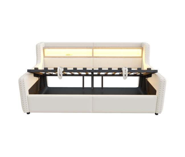 Sofá-cama 90x200 cm - com armazenamento hidráulico, led, tomada, bege