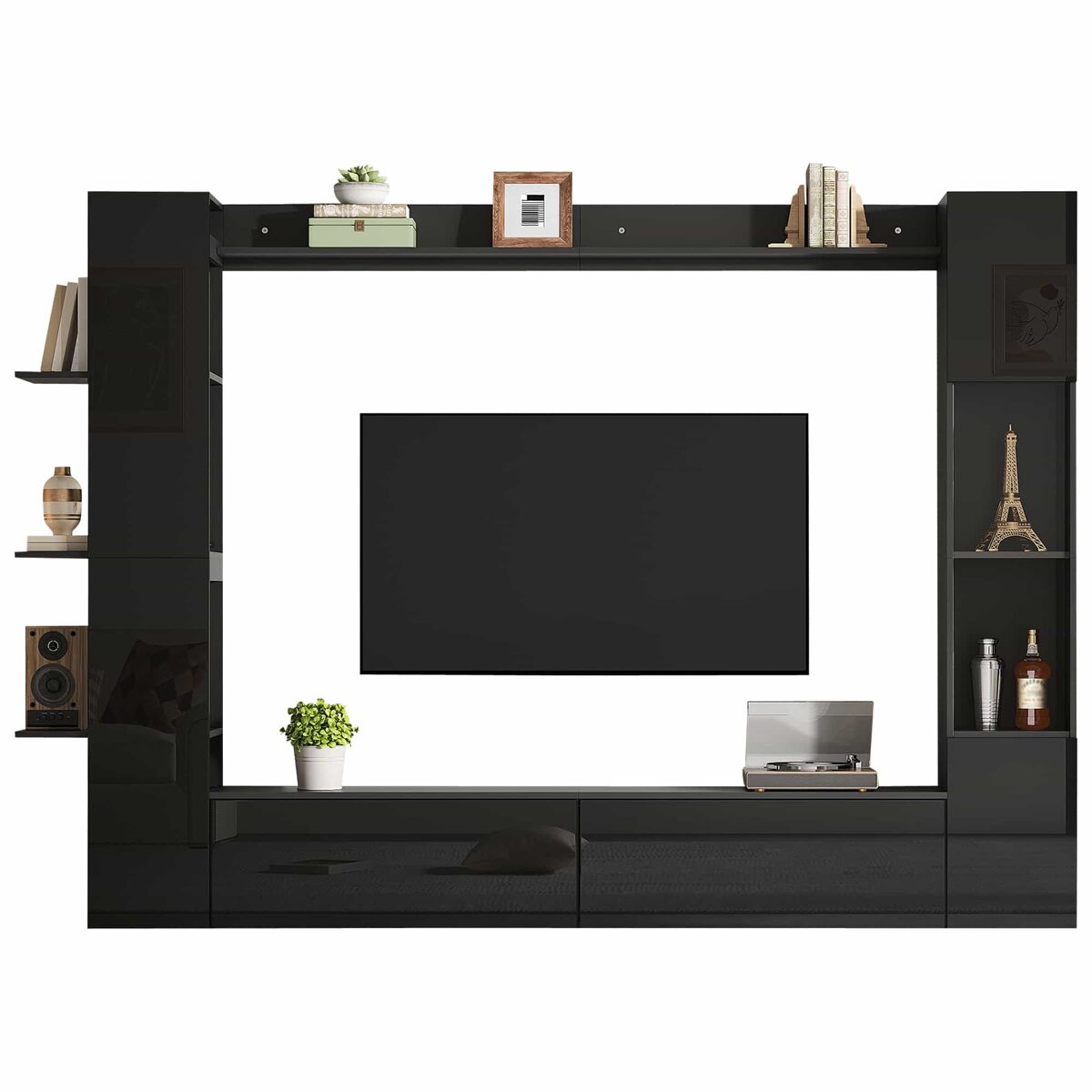 Conjunto de sala de estar modular de 4 peças - compacto com grande capacidade de arrumação, vitrina e porta reversível - preto