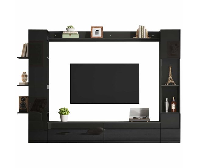 Conjunto de sala de estar modular de 4 peças - compacto com grande capacidade de arrumação, vitrina e porta reversível - preto
