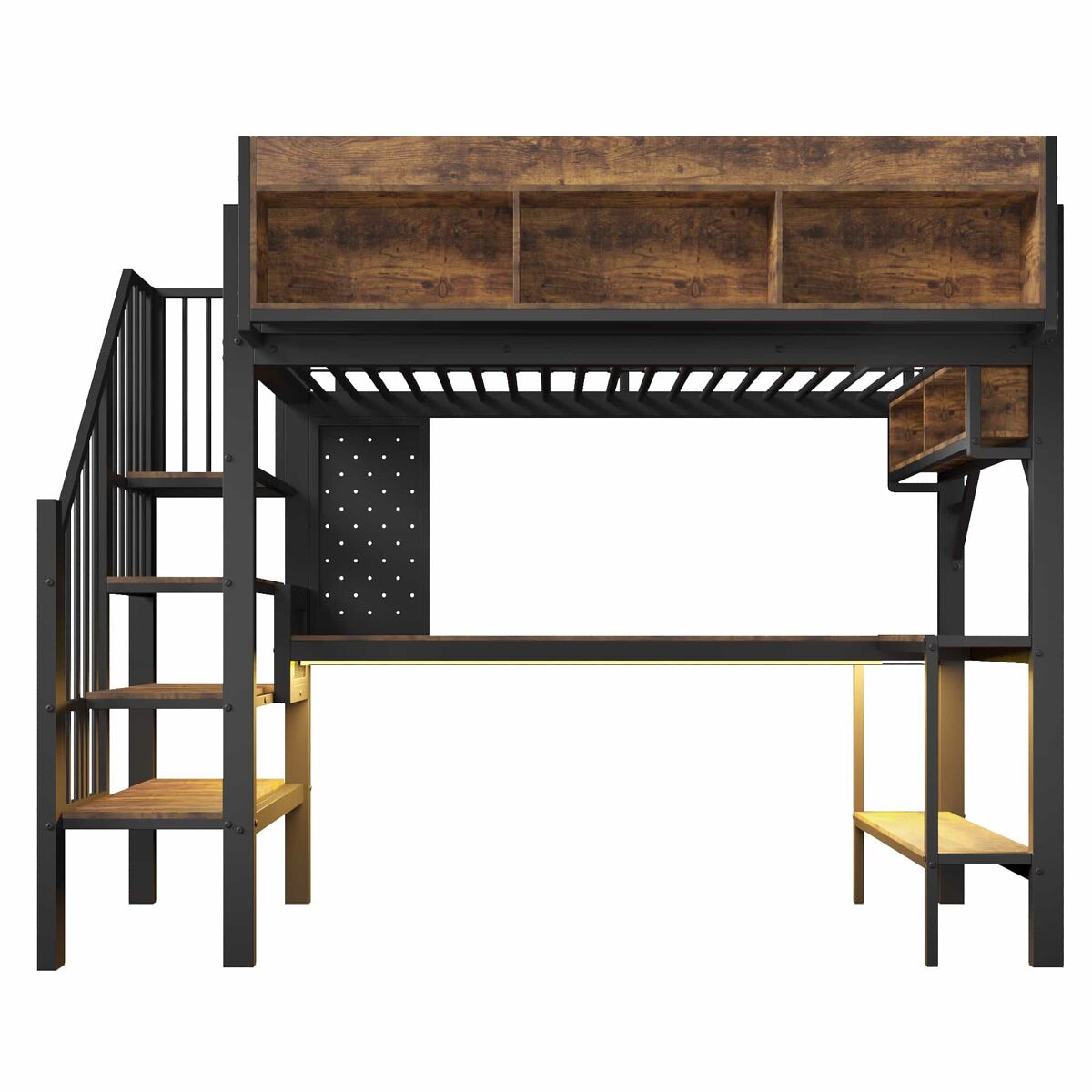 Cama alta 90x200 cm - estilo vintage, secretária de canto, arrumação, painel perfurado, porta usb tipo c, iluminação led, infantil en747 - preto +