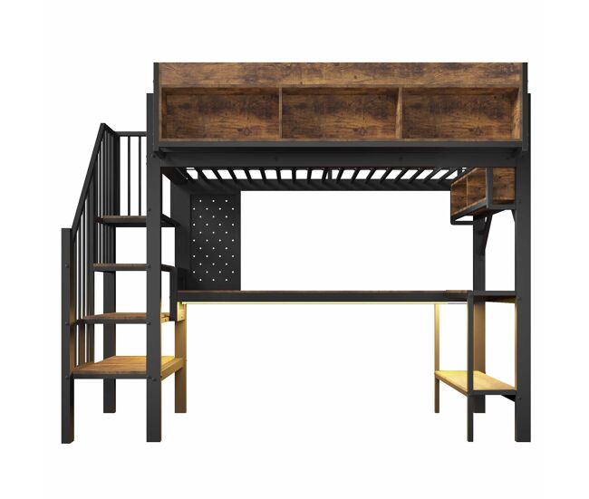 Cama alta 90x200 cm - estilo vintage, secretária de canto, arrumação, painel perfurado, porta usb tipo c, iluminação led, infantil en747 - preto +