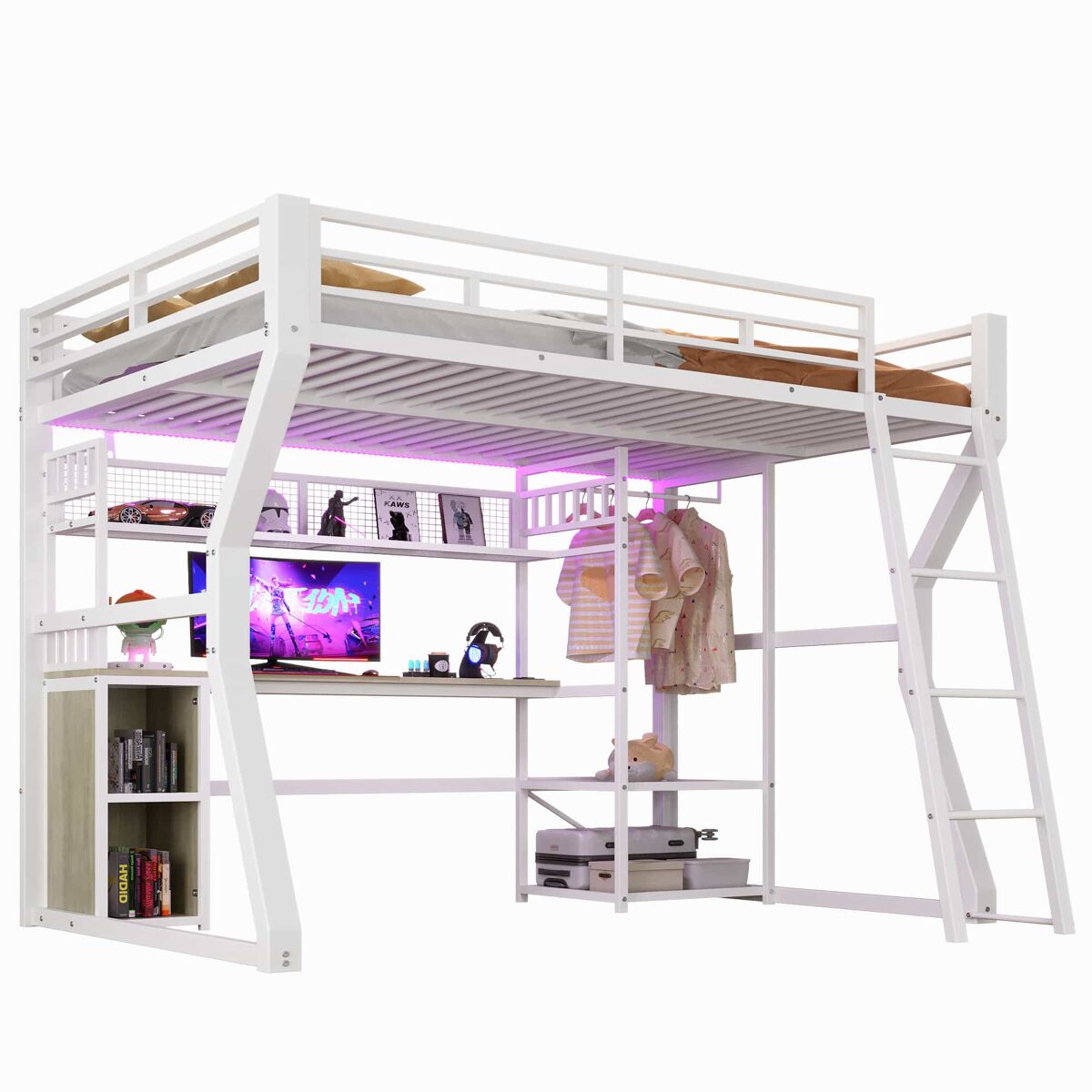 Cama alta 140x200 cm - estrutura metálica com faixa de luz led, tomada integrada, cabide, secretária, prateleiras e espaço de arrumação na parte