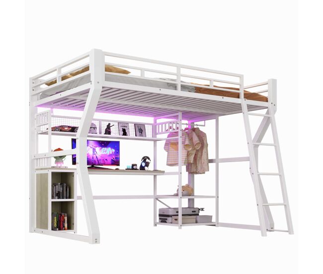 Cama alta 140x200 cm - estrutura metálica com faixa de luz led, tomada integrada, cabide, secretária, prateleiras e espaço de arrumação na parte