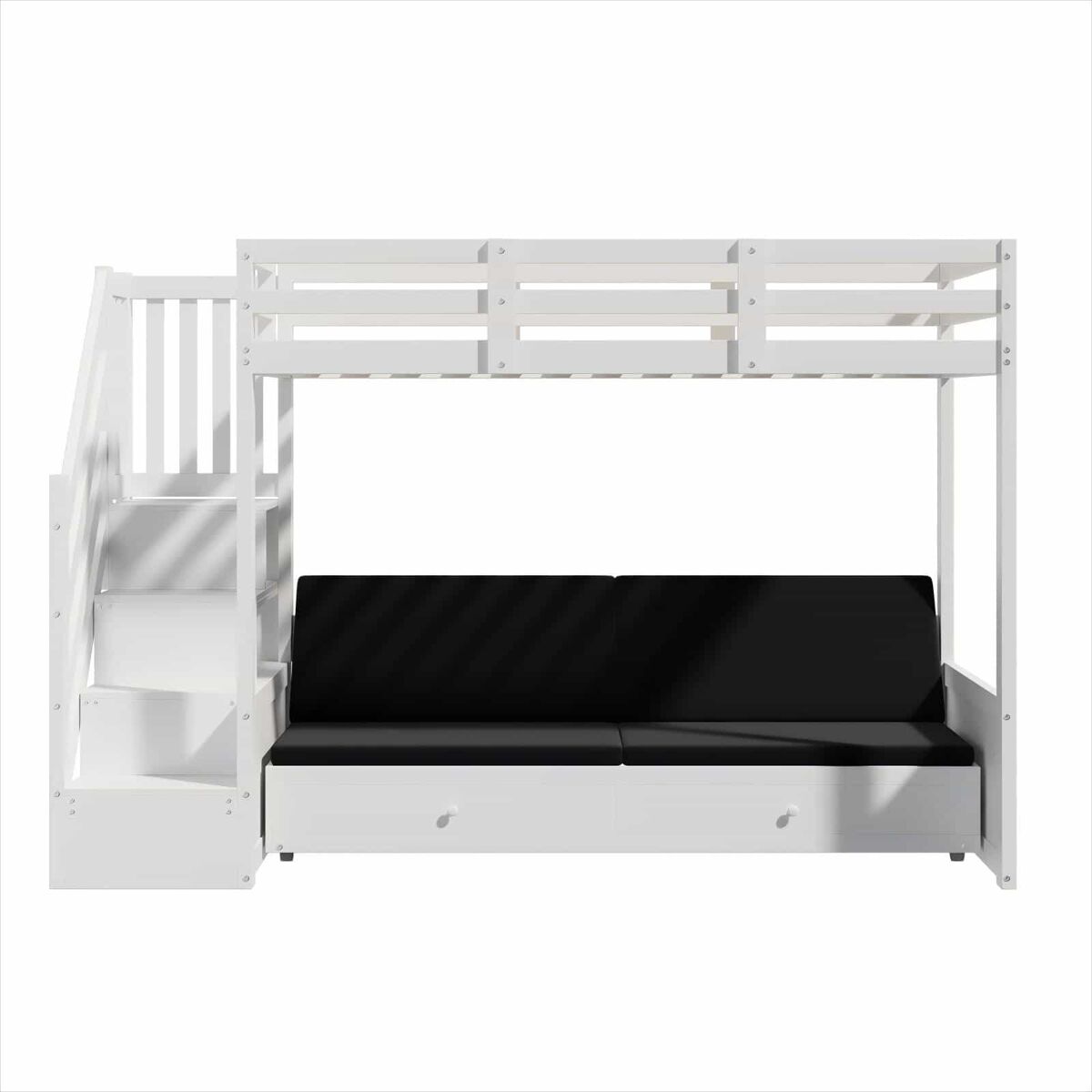 Beliche infantil multifuncional 90x200 - com escada e armário, 2 gavetas, cama inferior convertível em sofá, com almofadas, sem colchão - branco