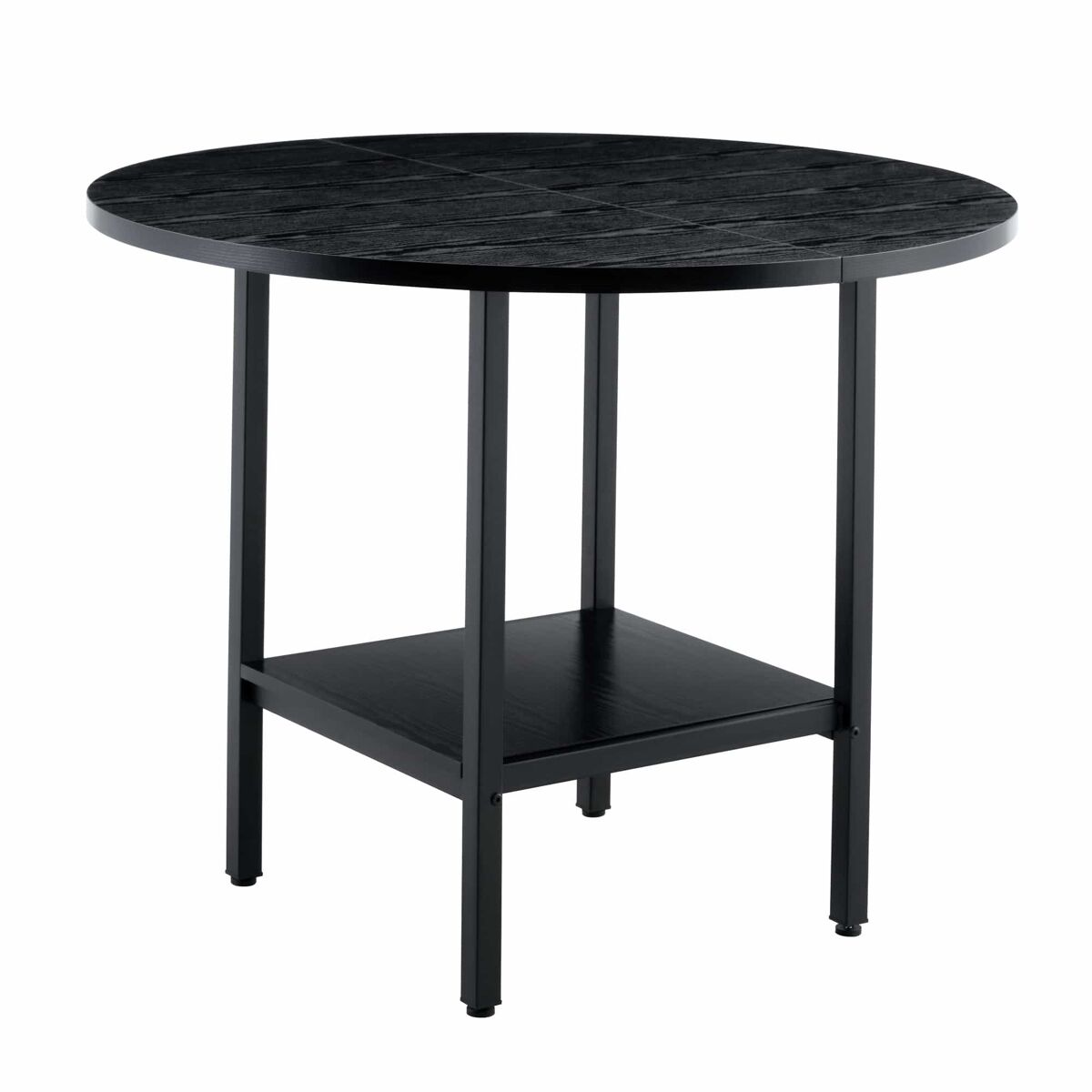 Mesa de jantar redonda - para 4 a 6 pessoas, com prateleira de arrumação, efeito de madeira preta e estrutura metálica - preta