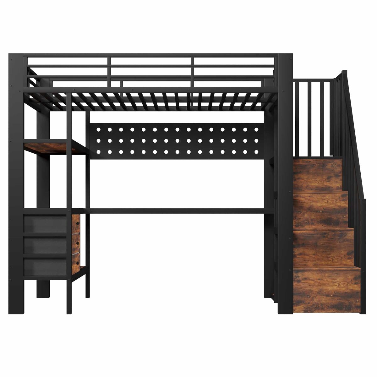 Cama alta 90x200 cm - em metal com secretária, gaveta, painel perfurado, prateleira, tomada e luz led, sem colchão - preta