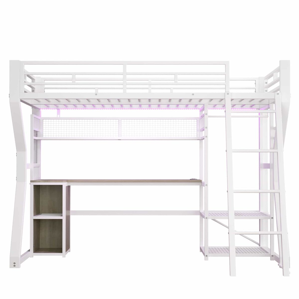 Cama alta 90x200 cm - estrutura em ferro com faixa de luz led, tomada integrada, zona para pendurar roupa, secretária, prateleiras e espaço de