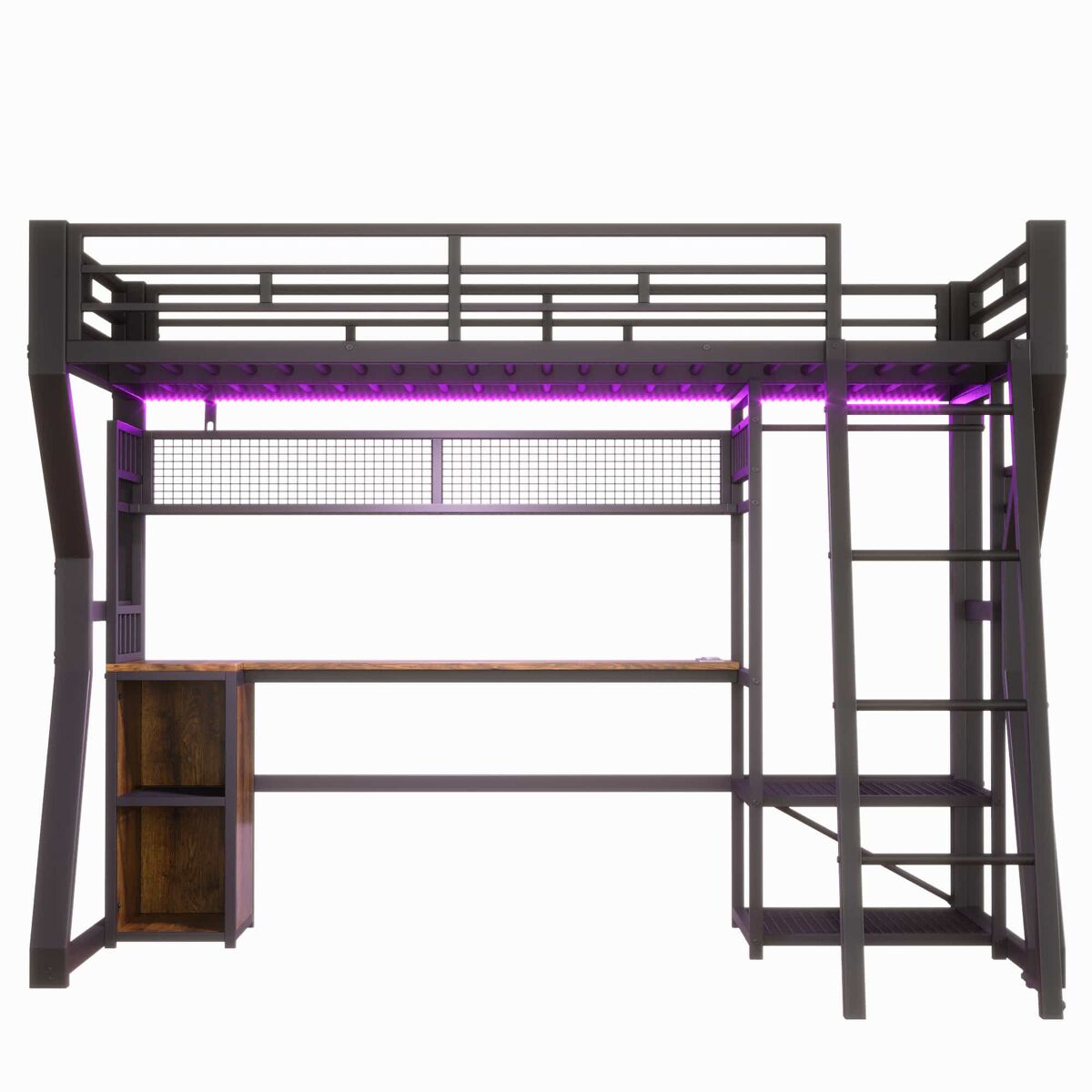 Cama alta 90x200 cm - estrutura em ferro, faixa de luz led, tomada integrada, zona para pendurar roupa, secretária, compartimentos de arrumação,