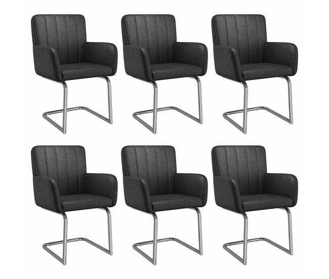 Conjunto de 6 cadeiras de jantar (6 unidades) – riscas verticais, assento almofadado, pés metálicos em ziguezague, couro sintético, estilo lounge –