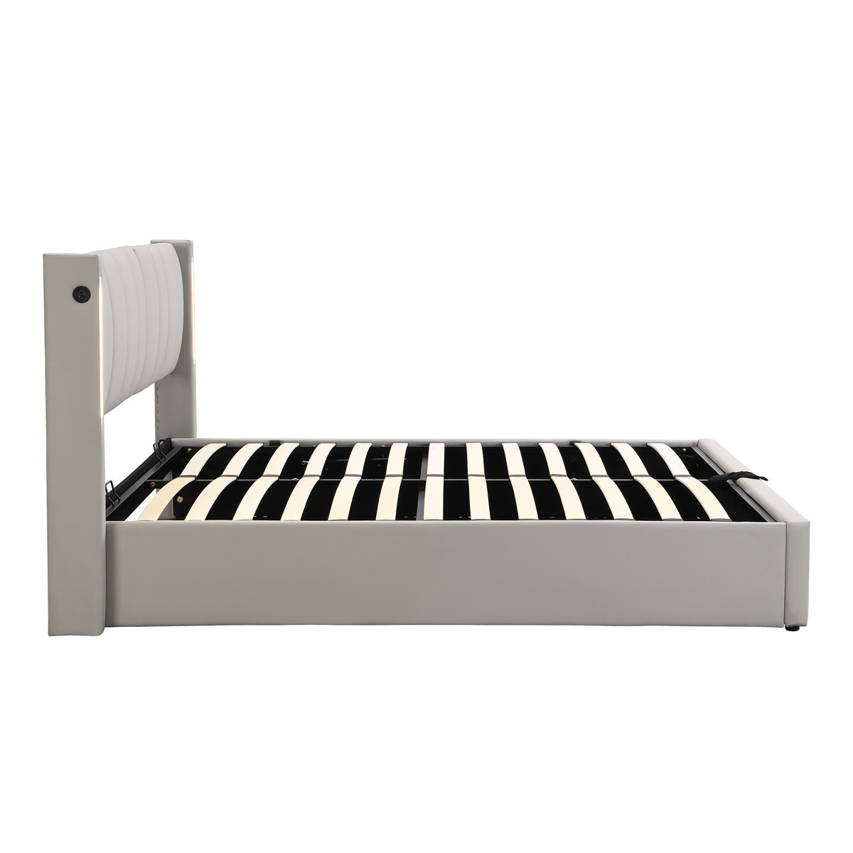 Cama estofada 140 x 200 cm - hidráulica, led, usb recarregável, com arrumação, cabeceira ajustável, pu - cinzenta
