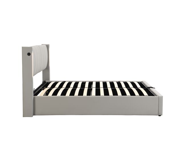 Cama estofada 140 x 200 cm - hidráulica, led, usb recarregável, com arrumação, cabeceira ajustável, pu - cinzenta