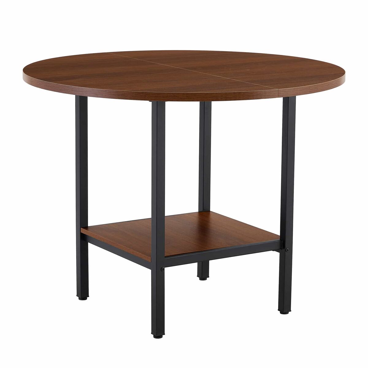 Mesa de jantar redonda com 100 cm de diâmetro - com prateleira de arrumação, acabamento em nogueira, estrutura metálica, para 4-6 pessoas - nogueira