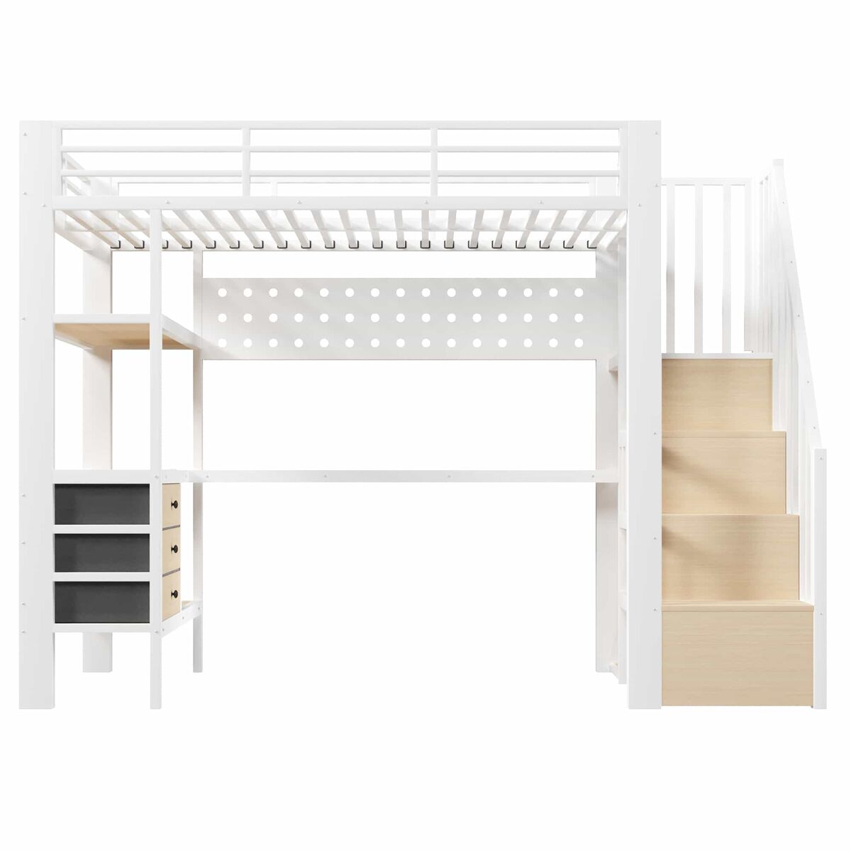 Cama alta 90x200 cm - cama metálica com prateleira, gaveta, painel perfurado, secretária, tomada e luz led, sem colchão - branco