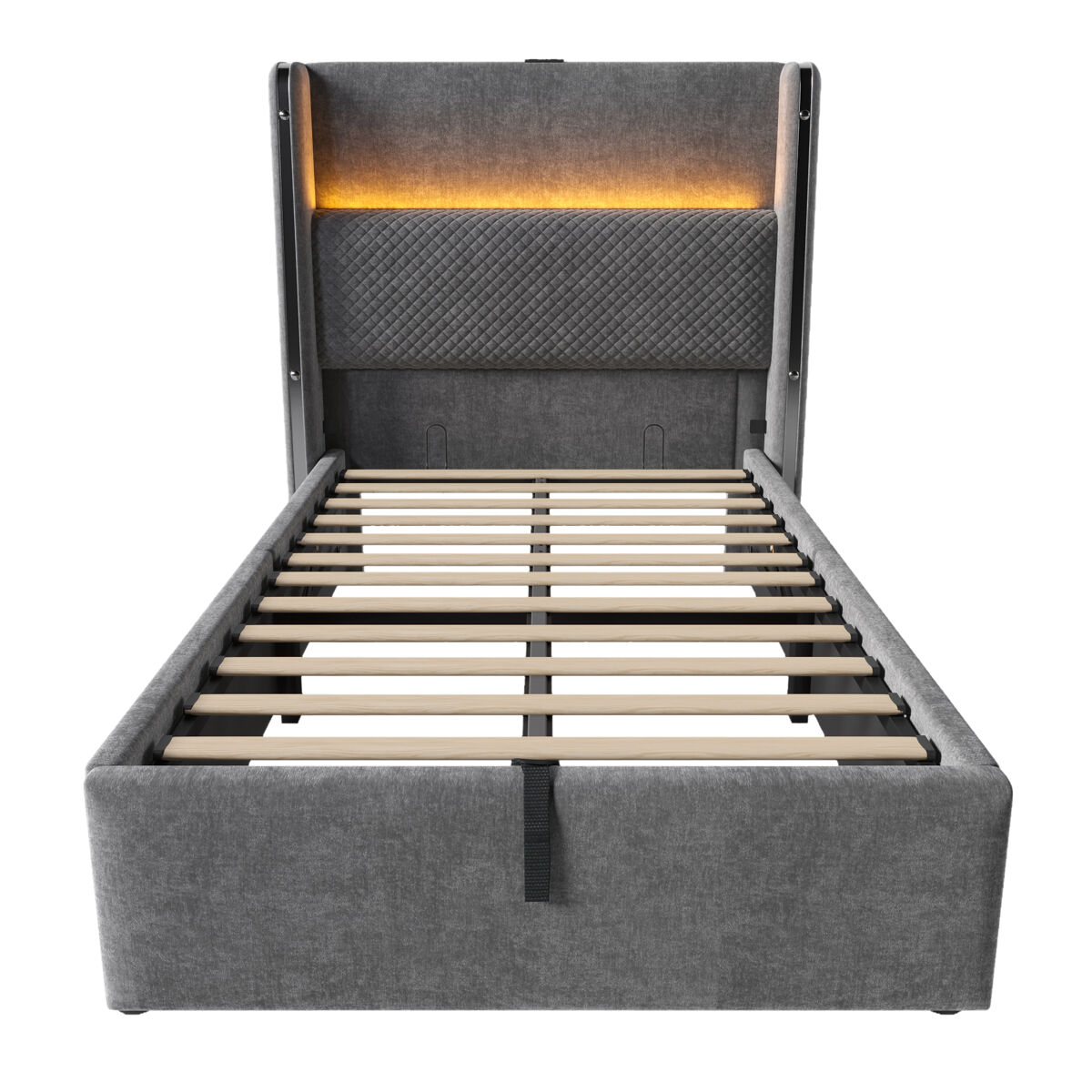 Cama hidráulica 90x200 cm - com led, armazenamento, portas usb/type-c - gris
