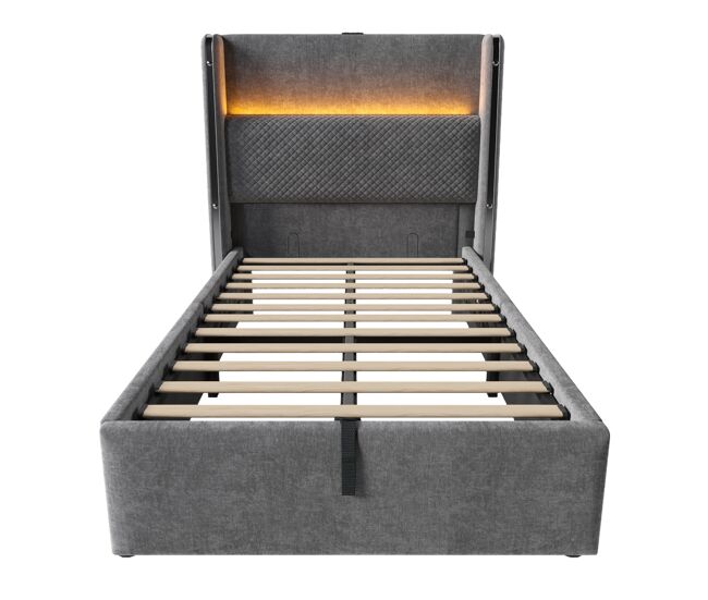 Cama hidráulica 90x200 cm - com led, armazenamento, portas usb/type-c - gris