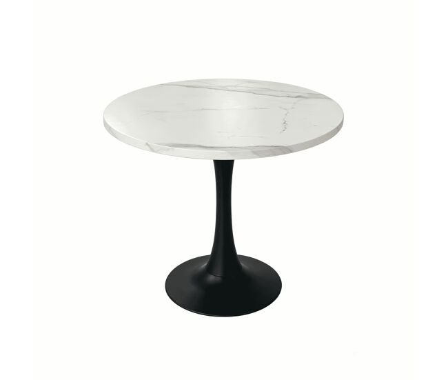 Mesa de jantar redonda de 80 cm - mesa de entrada pequena com padrão de mármore branco, tampo em madeira e base em metal preto - branco+preto
