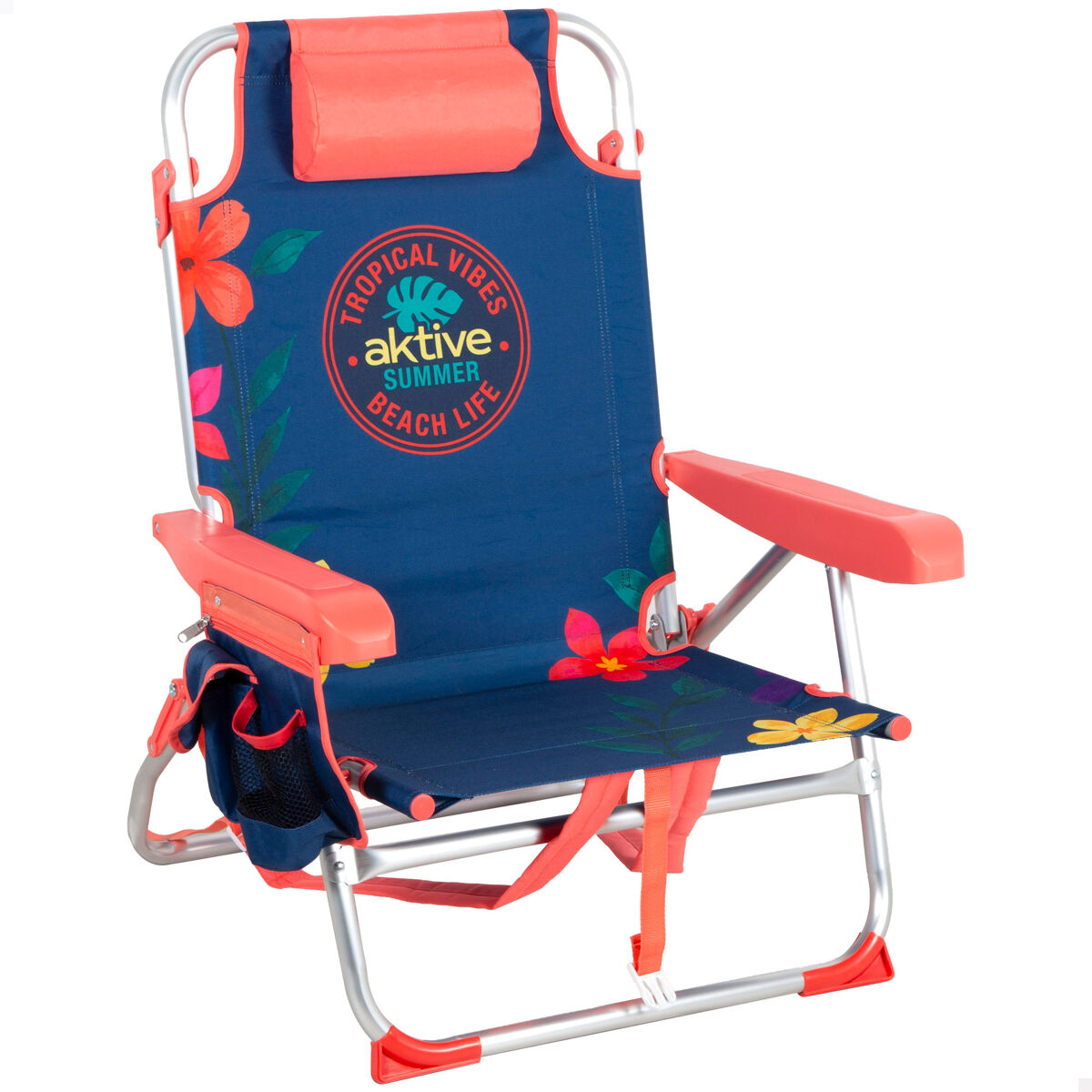 Aktive cadeira de praia dobrável multiposições 50x54x80 cm com bolsos