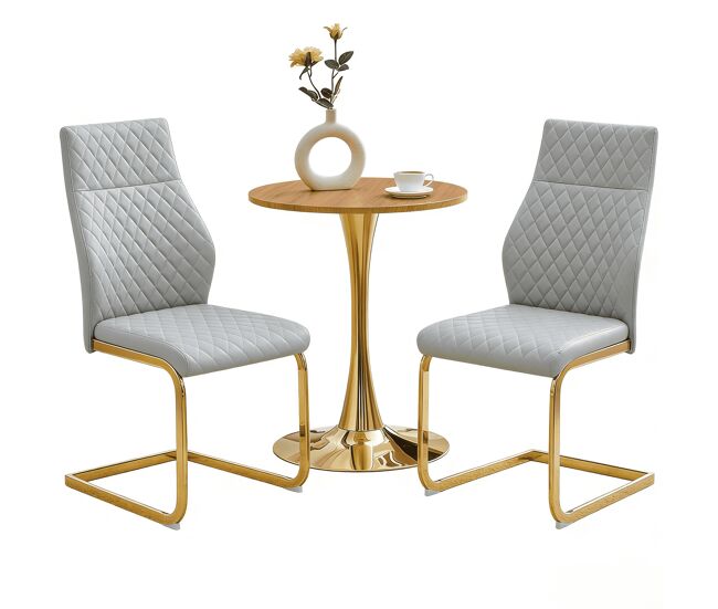 Conjunto de mesa e cadeiras de 60 cm - mesa redonda em mdf com efeito de madeira e base dourada, 2 cadeiras de jantar cinza claro com padrão em