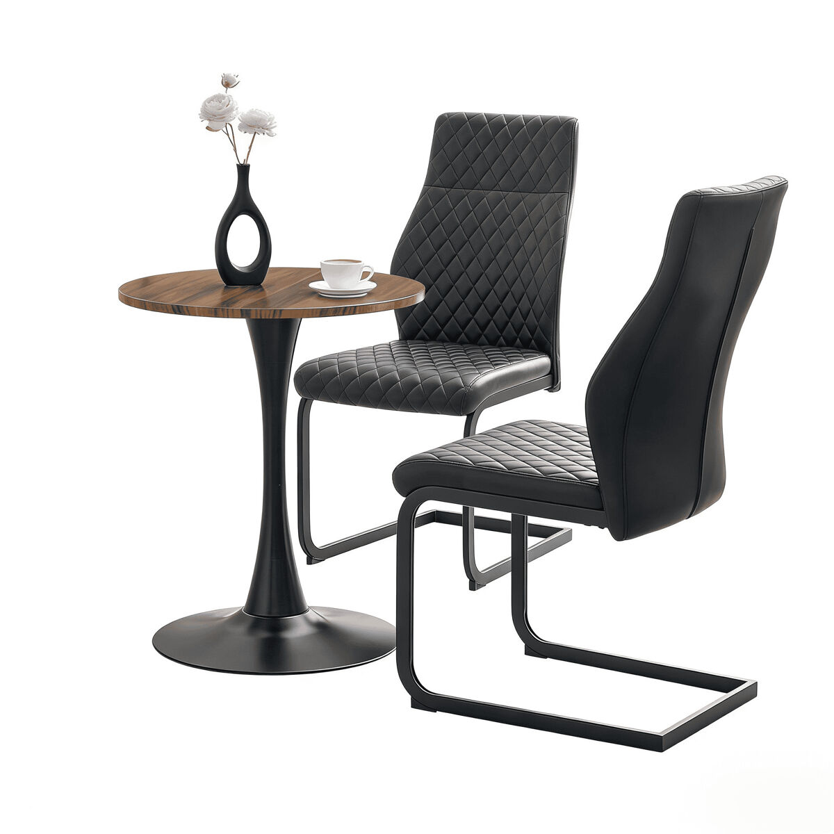 Conjunto de mesa e cadeiras de 60 cm - mesa em mdf com pés pretos + 2 cadeiras de jantar com encosto em losango e estrutura metálica - preto, nogueira