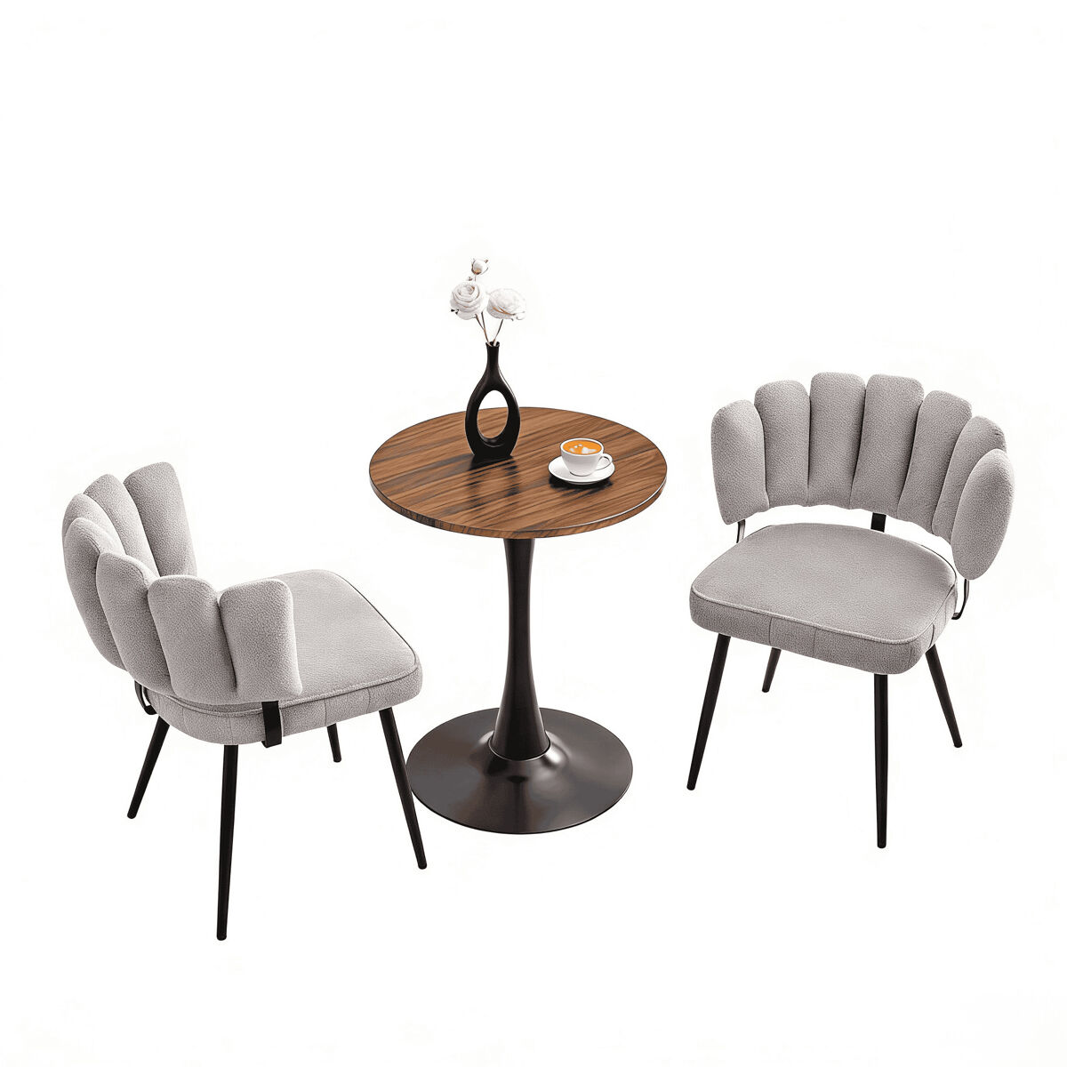 Conjunto de mesa e cadeiras de 60 cm - mesa redonda em mdf com pernas pretas + 2 cadeiras gris claro com encosto em forma de pétala e pernas de metal pretas - gris claro, nogueira + noir