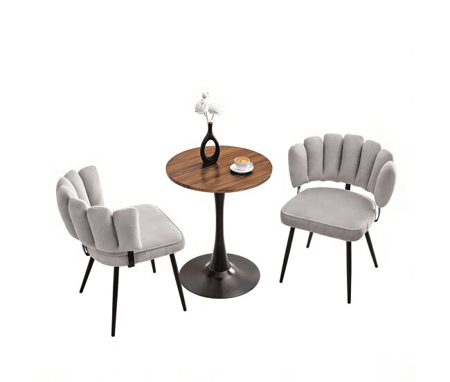 Conjunto de mesa e cadeiras de 60 cm - mesa redonda em mdf com pernas pretas + 2 cadeiras gris claro com encosto em forma de pétala e pernas de metal pretas - gris claro, nogueira + noir