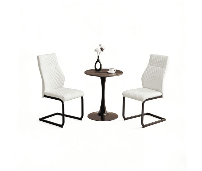 Conjunto de mesa e cadeiras de 60 cm - mesa redonda em mdf com 2 cadeiras brancas com encosto em forma de losango - nogueira/branco+preto