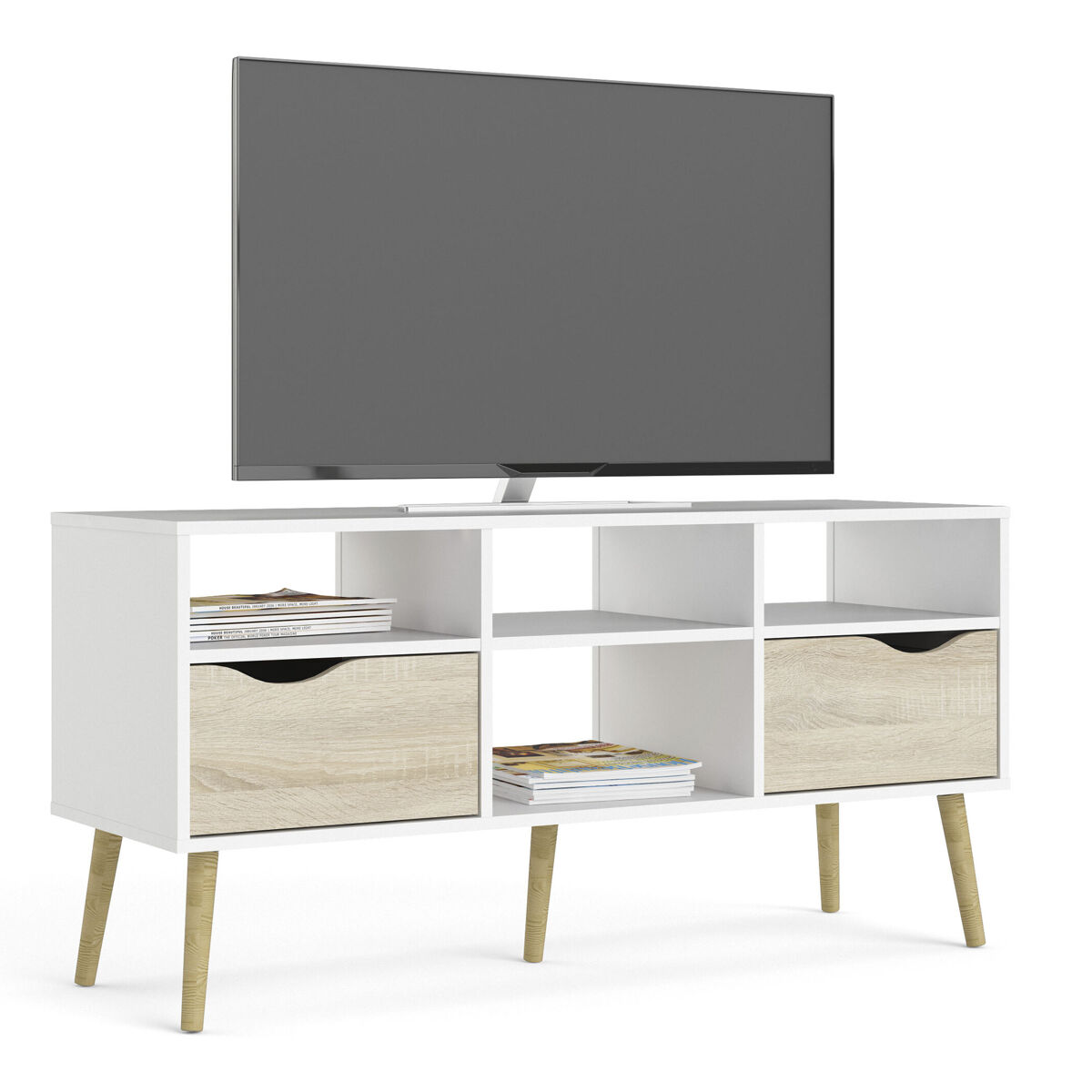 Móvel de tv para sala tajo, com prateleiras e 2 gavetas, cor branco e carvalho patinado, 118 x 40 x 58 cm