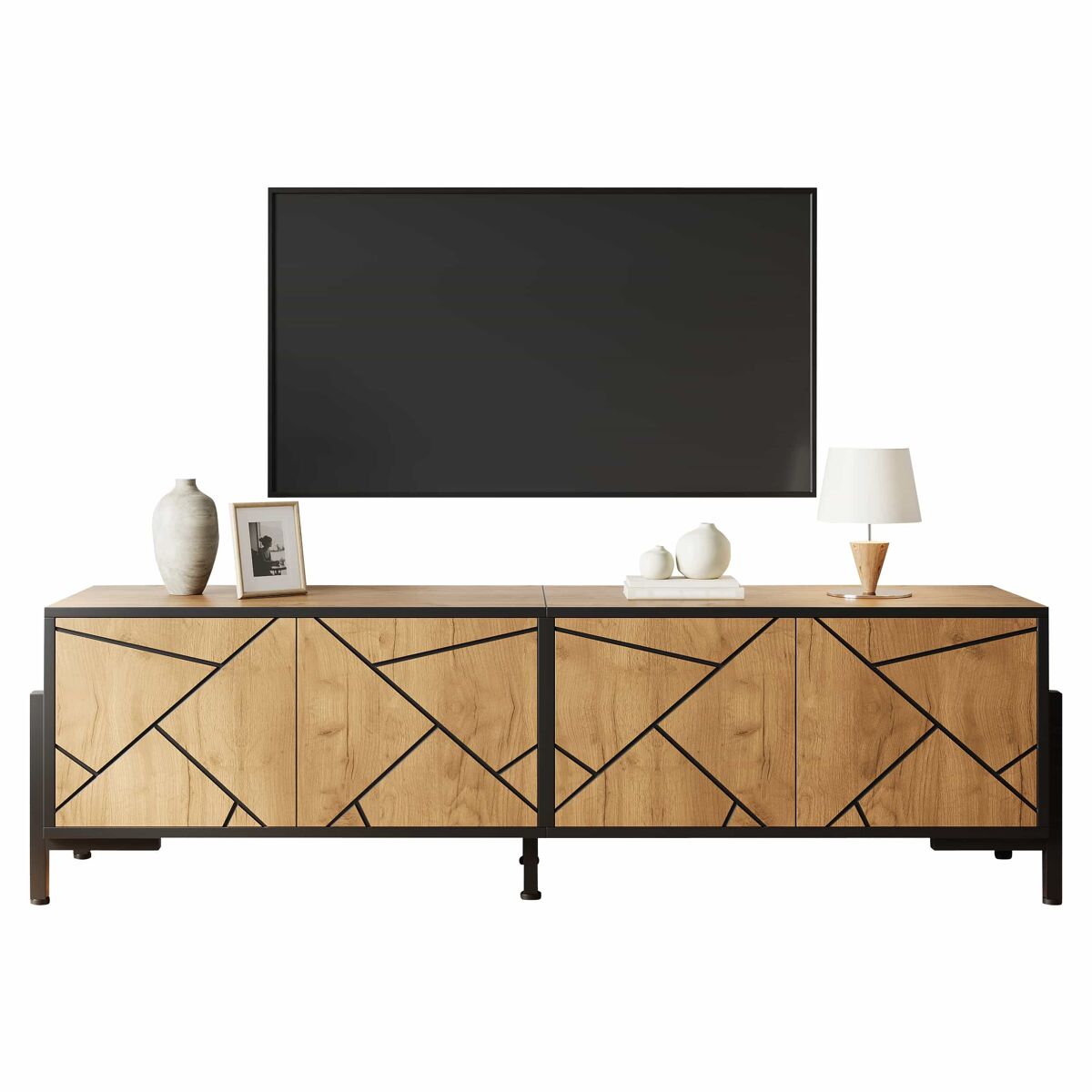 Móvel baixo para televisão 153 x 40 x 50 cm - 4 portas, design geométrico contrastante, adequado para televisores de 65 polegadas, linhas pretas - madeira natural