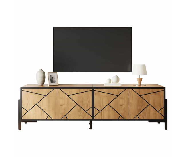 Móvel baixo para televisão 153 x 40 x 50 cm - 4 portas, design geométrico contrastante, adequado para televisores de 65 polegadas, linhas pretas - madeira natural