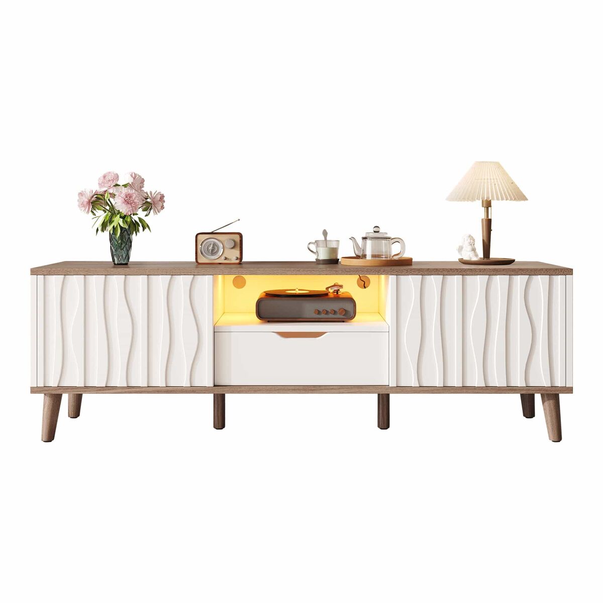 Móvel para tv led 160x40x52 cm - com arrumação, porta de correr, para tvs até 70", estilo moderno para sala de estar e quarto - branco e nogueira