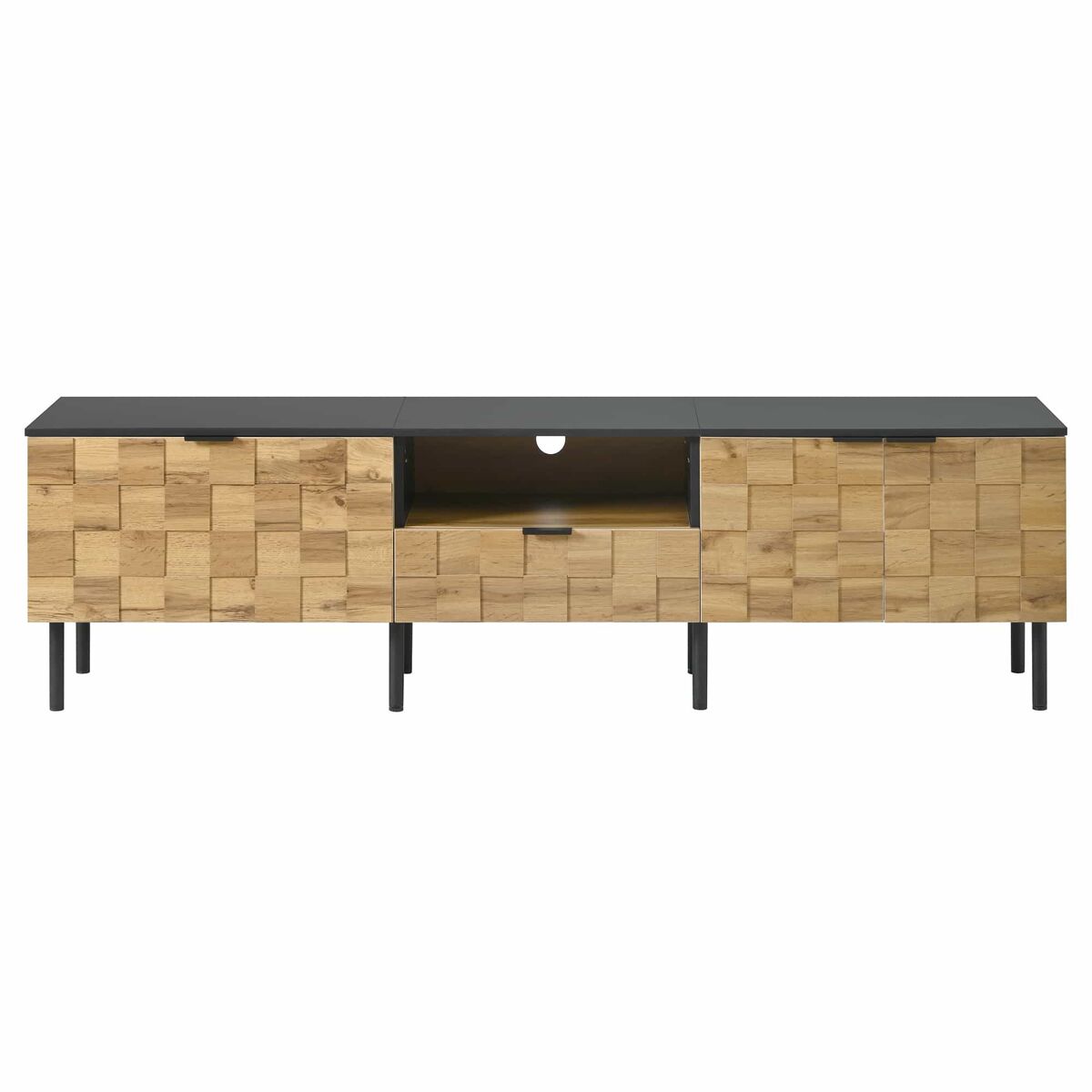 Móvel para televisão de 160 cm - 2 portas com gaveta, prateleira aberta, pés de metal, estilo madeira - natural