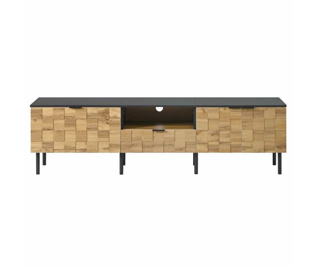 Móvel para televisão de 160 cm - 2 portas com gaveta, prateleira aberta, pés de metal, estilo madeira - natural