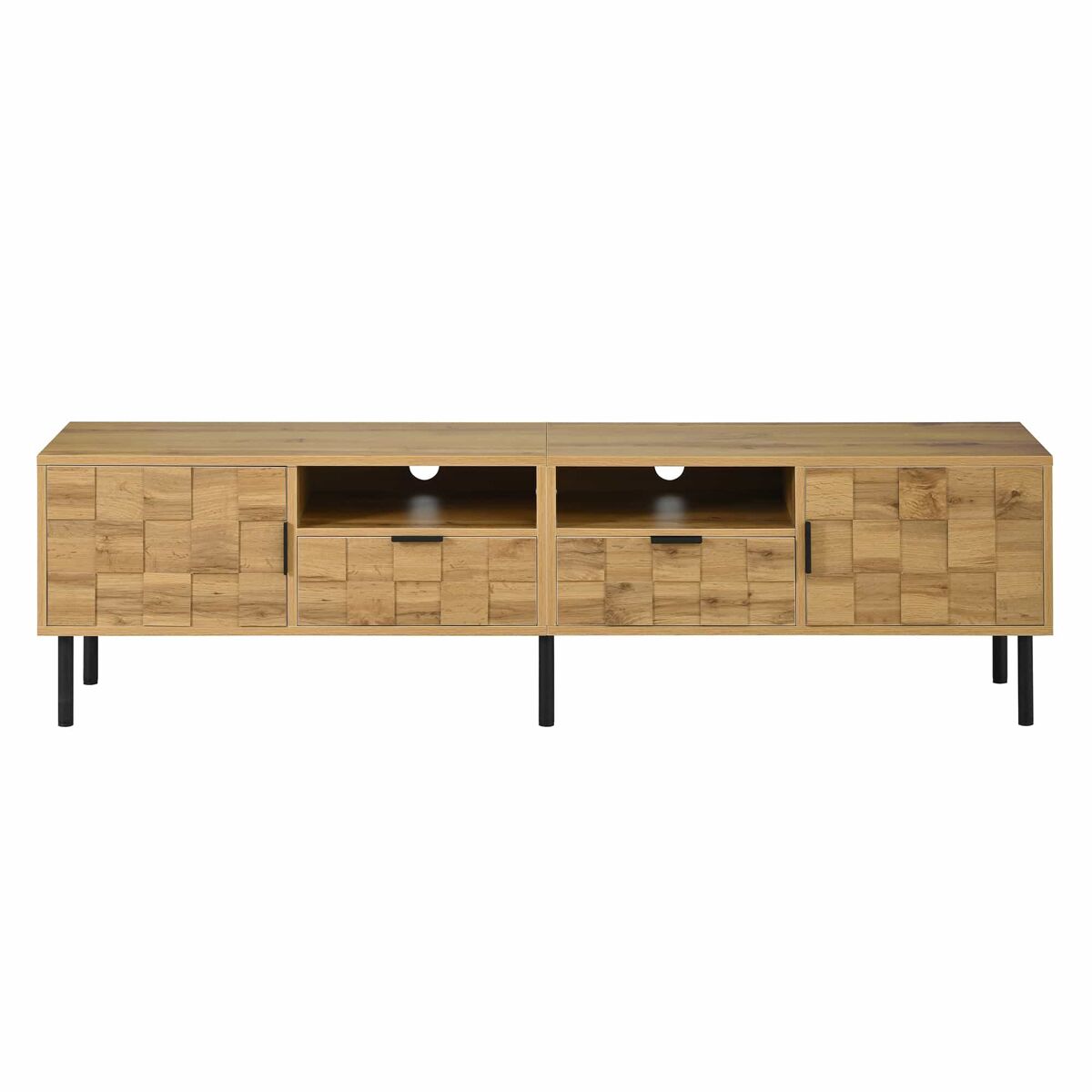 Móvel de tv mosaik com 2 portas e 2 gavetas - móvel baixo para sala de estar com 2 prateleiras abertas, pés metálicos - cor natural