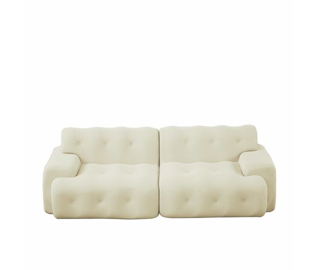 Sofá de 2 lugares grande - braços largos, design moderno com botões, formato curvo, sem montagem - bege