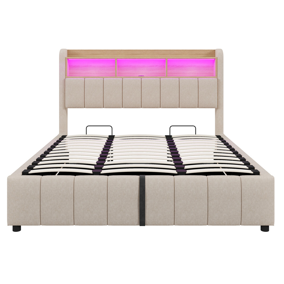 Cama estofada 180*200 cm - com iluminação led, tomada usb, cabeceira com étagères e arrumação, com sistema hidráulico para arrumação - bege