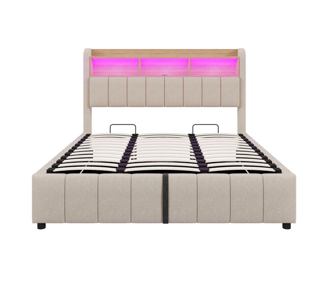 Cama estofada 180*200 cm - com iluminação led, tomada usb, cabeceira com étagères e arrumação, com sistema hidráulico para arrumação - bege