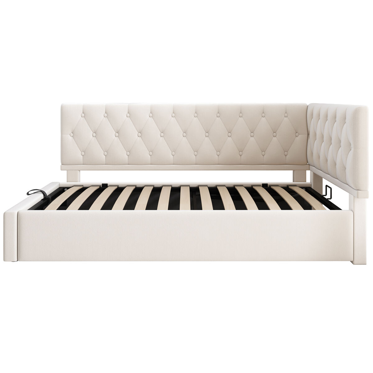 Cama individual 90x200 cm - sofá-cama com armazenamento hidráulico, com estrado de ripas de madeira, veludo, bege